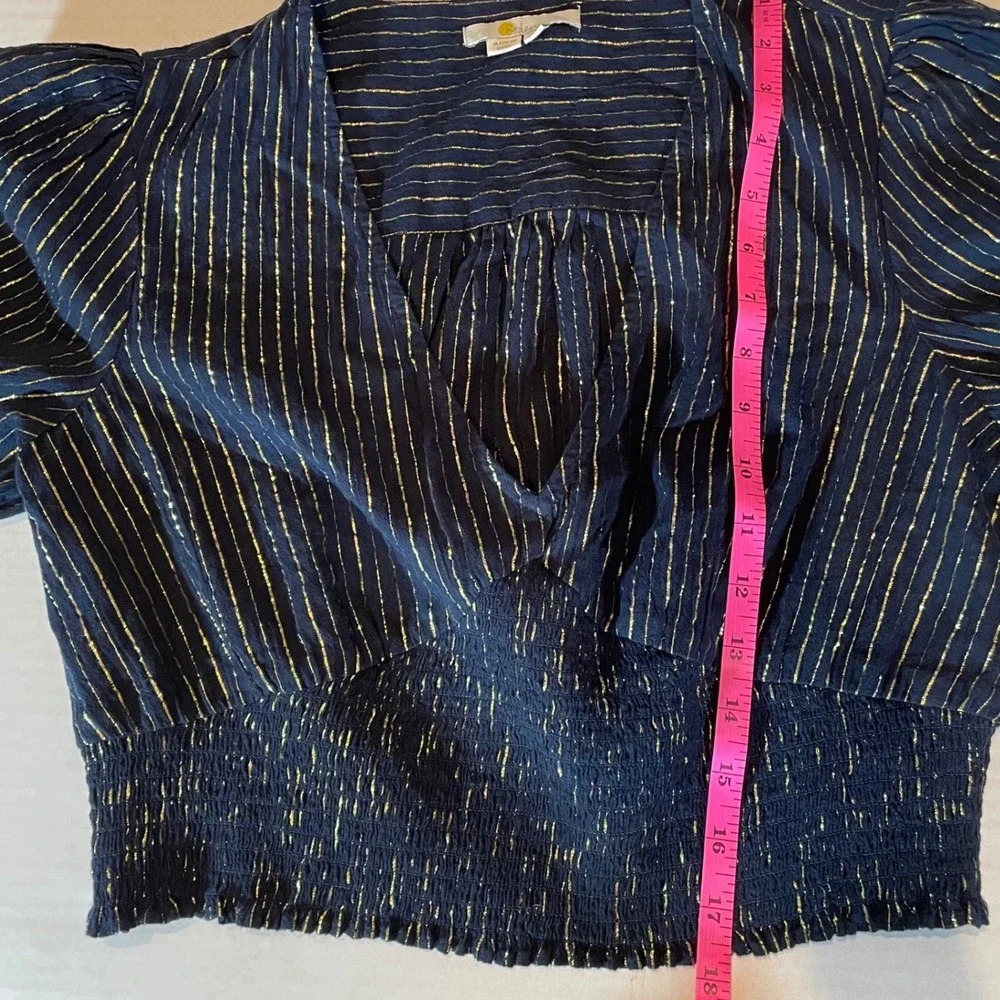 Boden‎ Navy Blue Gold Stripe Lurex Smocked Waist Cropped Blouse Top UK 10 US 6